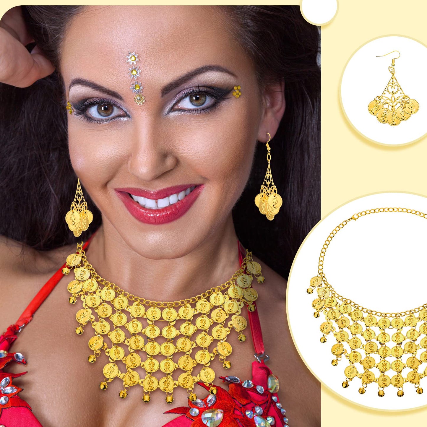 Sureio 4 Pcs Women Gypsy Pirate Costume Accessories Belly Dance Head Scarf Earring Necklace Hip Scarf Jewelry(Black)