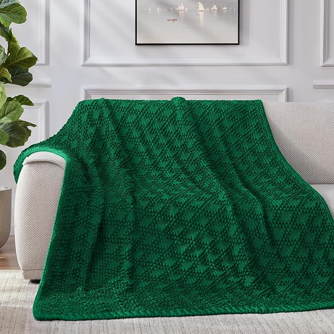 Knitted Weighted Blanket for Adult, Chunky Knit Weighted Throw for Sleep 50"*60" 5lbs, Cooling Breathable Heavy Blanket for Hot Sleepers, Machine Washable Blanket for Room Decor(Green)