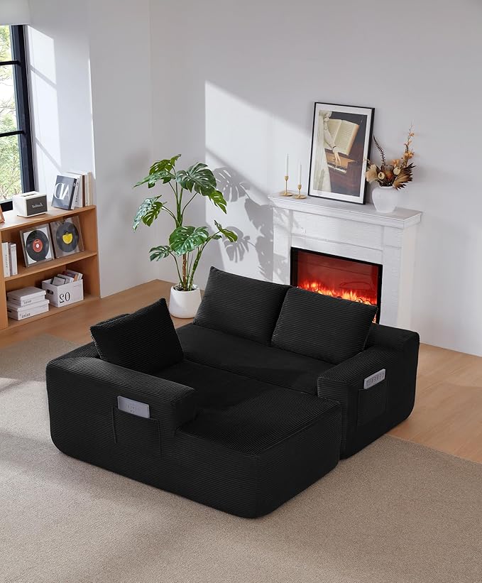 Vanress 97" Cloud Couch Sectional, Corduroy Boneless Couch with L-Shape Chaise,Modern Modular Sectional Sofa Comfy Deep Seat for Living Room, Bedroom, No Assembly (Black, Left Facing Chaise)