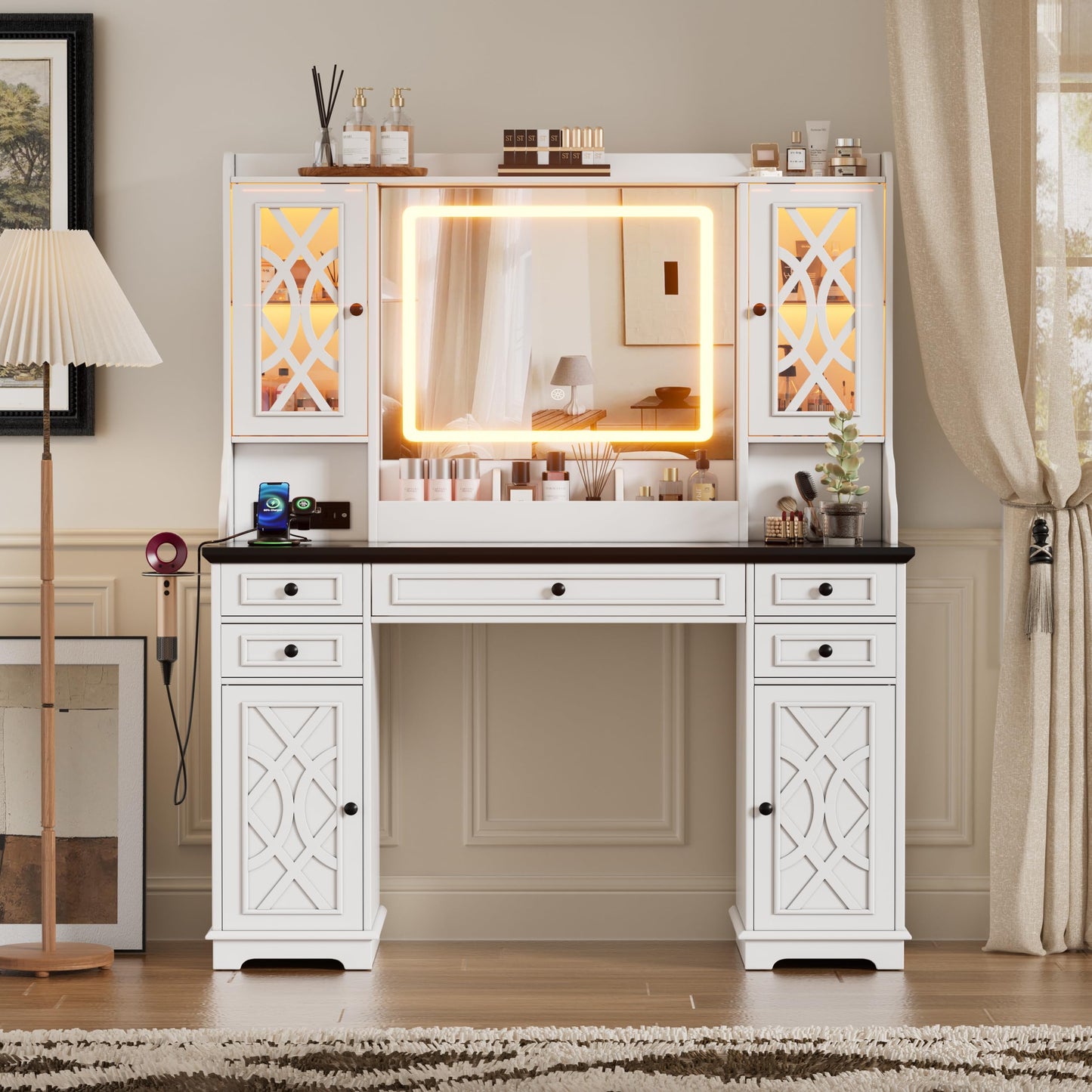 Vanity Desk with HD Lighted Mirror & Power Outlet, Farmhouse Makeup Vanity Table with 5 Storage Drawers & 2 Cabinets & Shelves, Large Glass Top Dressing Table with 3 Lighting Modes for Women,White