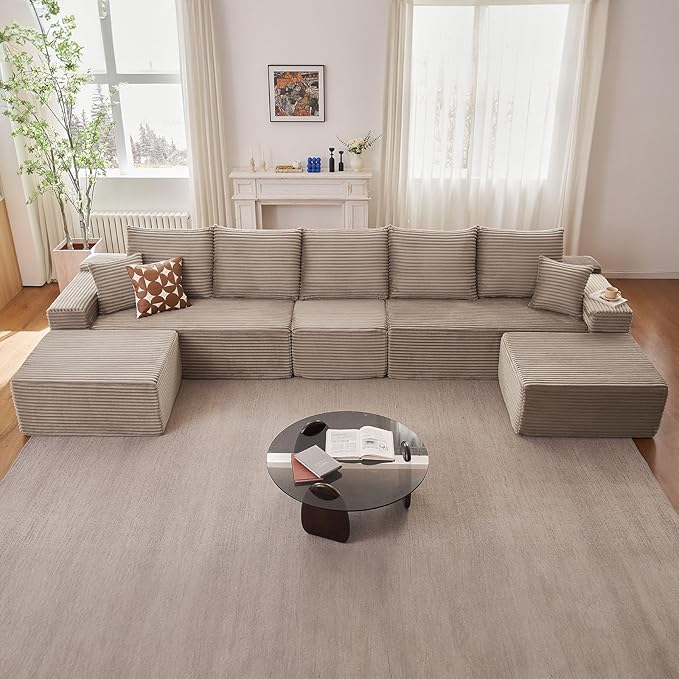 167.7" Sectional Cloud Couch for Living Room, Modular Floor Deep-Seat Sofa, Big Comfy Corduroy Couches Set with Fluffy Memory Foam, Stupendous U Shaped Sofas, No Assembly Required, Camel