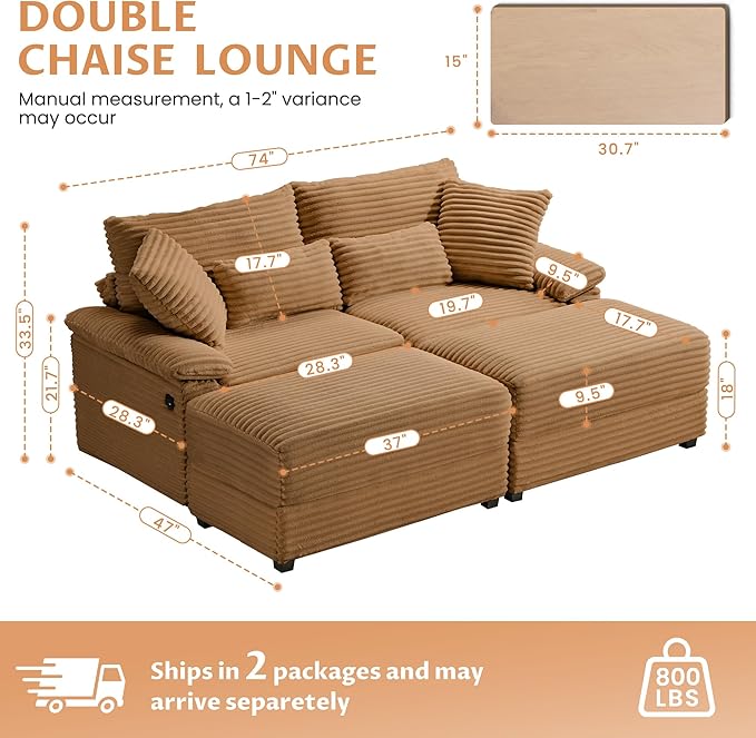 SUNWAVE 74" W Double Chaise Lounge Chair Indoor, Oversized Loveseat with Storage Ottoman, Corduroy Couch with USB Charging, Removable Ottoman, and Coffee Table Cushions for Living Room, Apartment