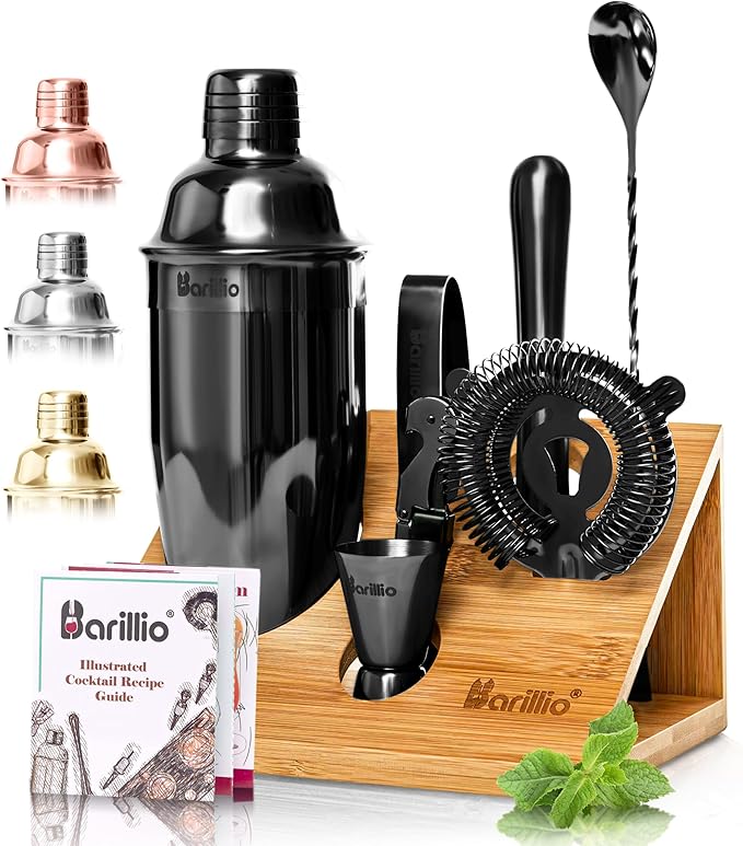 Barillio Black Bartender Kit - Stainless-Steel Cocktail Shaker Set w/Bamboo Stand - Mixology Bar Tools w/Shaker, Drink Mix...