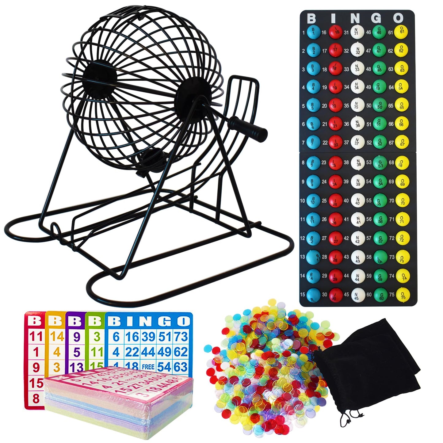 Yuanhe Jumbo Bingo Game Set - 11" Metal Round Cage, 75 Colored Balls, 100 Bingo Cards, 500 Mixed Chips and Master Board for Large Groups, Parties