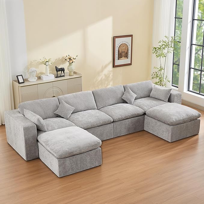 155''Cloud Boneless Sectional Couch, Modular Sectional Sofa Deep Seat with 2 Ottomans, Oversized Upholstered Convertible Comfy 6 Seater Chenille Sofa U Shape Couches for Living Room, Light Grey
