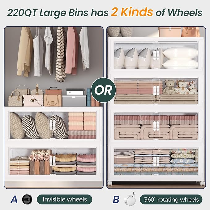 165Gal Stackable Storage Bins with Lid and Wheels, 660QT Plastic Collapsible Storage Boxes with Doors, Closet Organizer and Storage Cabinet for Home Kitchen Office Dorm Room, 3Pack White