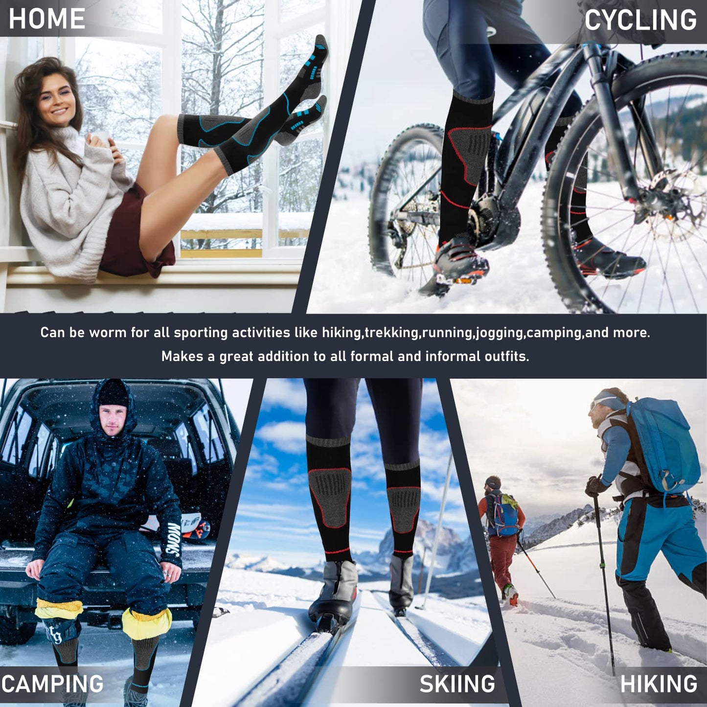 Merino Wool Ski Socks 2 Pairs, Thermal Knee High Warm Socks for Snowboarding, Hiking, Cold Weather, Snow, Hunting