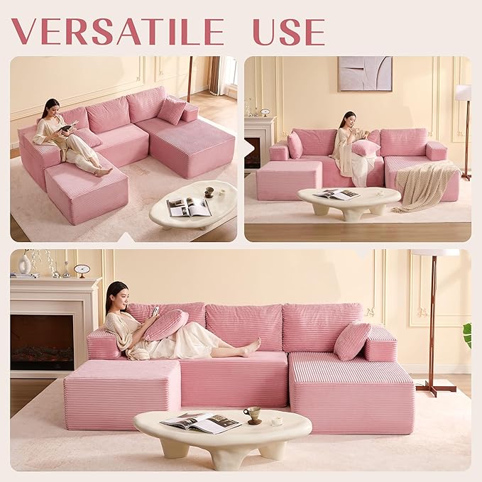 Afuson 107" Boneless Couch with Deep Seat, Modular Sectional Sofa, Cloud Sectional Couch for Living Room, No Assembly Required, Corduroy, U-Shape 3 Seater Right, Pink