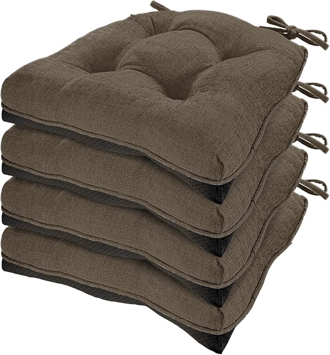 HARBOREST Chair Cushions for Dining Chairs Set of 4 - Chenille Tufted Kitchen Chair Cushions with Ties and Non-Slip Bottom, Foam Chair Pads for Dining Chairs, 17" x 17", Brown