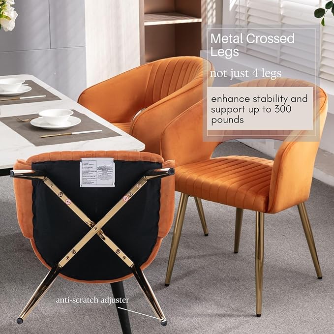 COMULER Orange Velvet Dining Chairs Gold Legs, Modern Dining Room Chairs with Arms Set of 2 Upholstered Accent Chair Armchair with Barrel Back for Kitchen Living Room