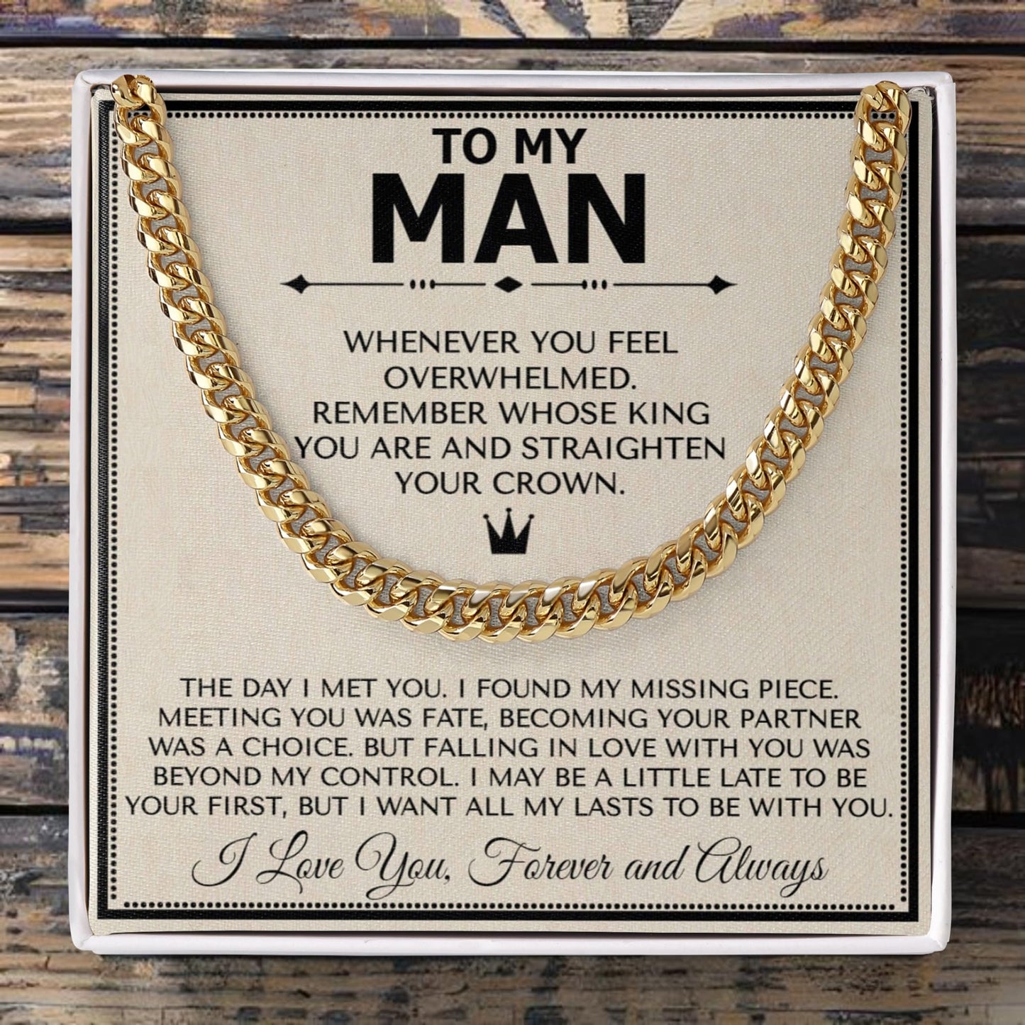 To My Man Steel Cuban Necklace, Meaningful Gift for Him, Romantic Gift for Boyfriend Long Distance, Small Sentimental Present for Boyfriend (Your Crown, 18k Gold Finish)