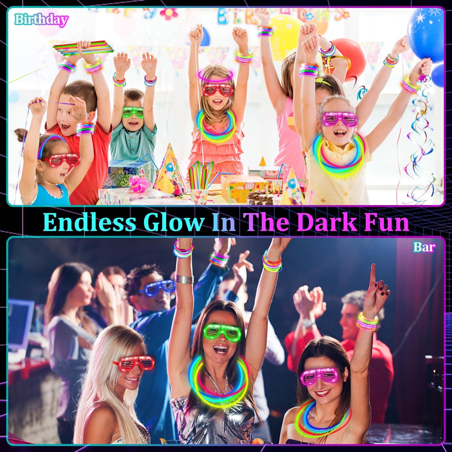 TURNMEON 148 PCS Glow in the Dark Party Supplies Light Up Toys with 24 Led Glasses, 24 Flashing Bracelets and 100 Glow Sticks Bulk Party Favors for Kid Birthday Wedding Carnivals Concert Halloween