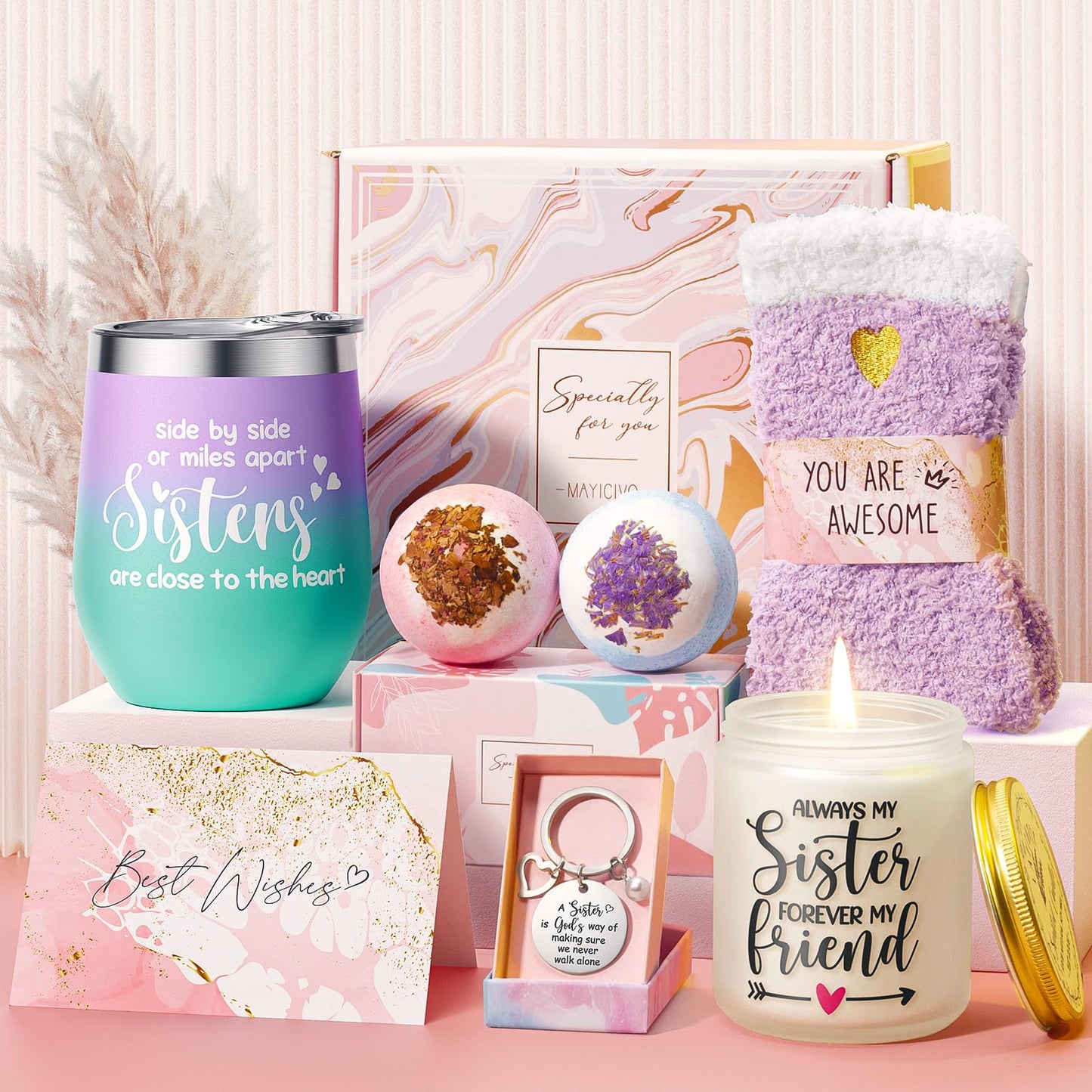 Sisters Gifts from Sister Christmas Gifts for Sister from Brother, Best Friend Birthday Gifts for Sister in Law Soul Sister, Friend Gifts for Women Christmas Gift Baskets for Sisters with Wine Tumbler
