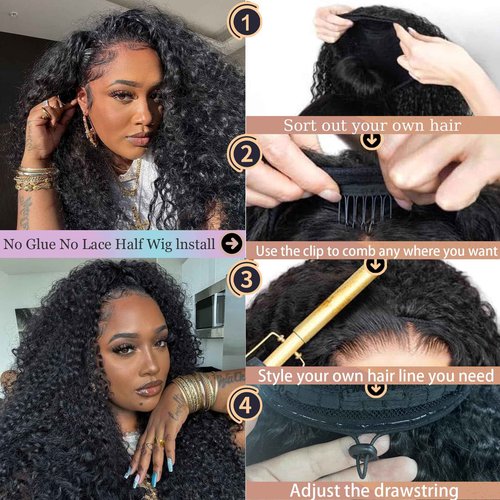 Glimeer Half Wig Human Hair Deep Wave 3 In 1 Drawstring Seamless Filp Over Curly Half Wig 200% Density Wear and Go Glueless Half Wigs for Black Women Natural Color 18 Inch