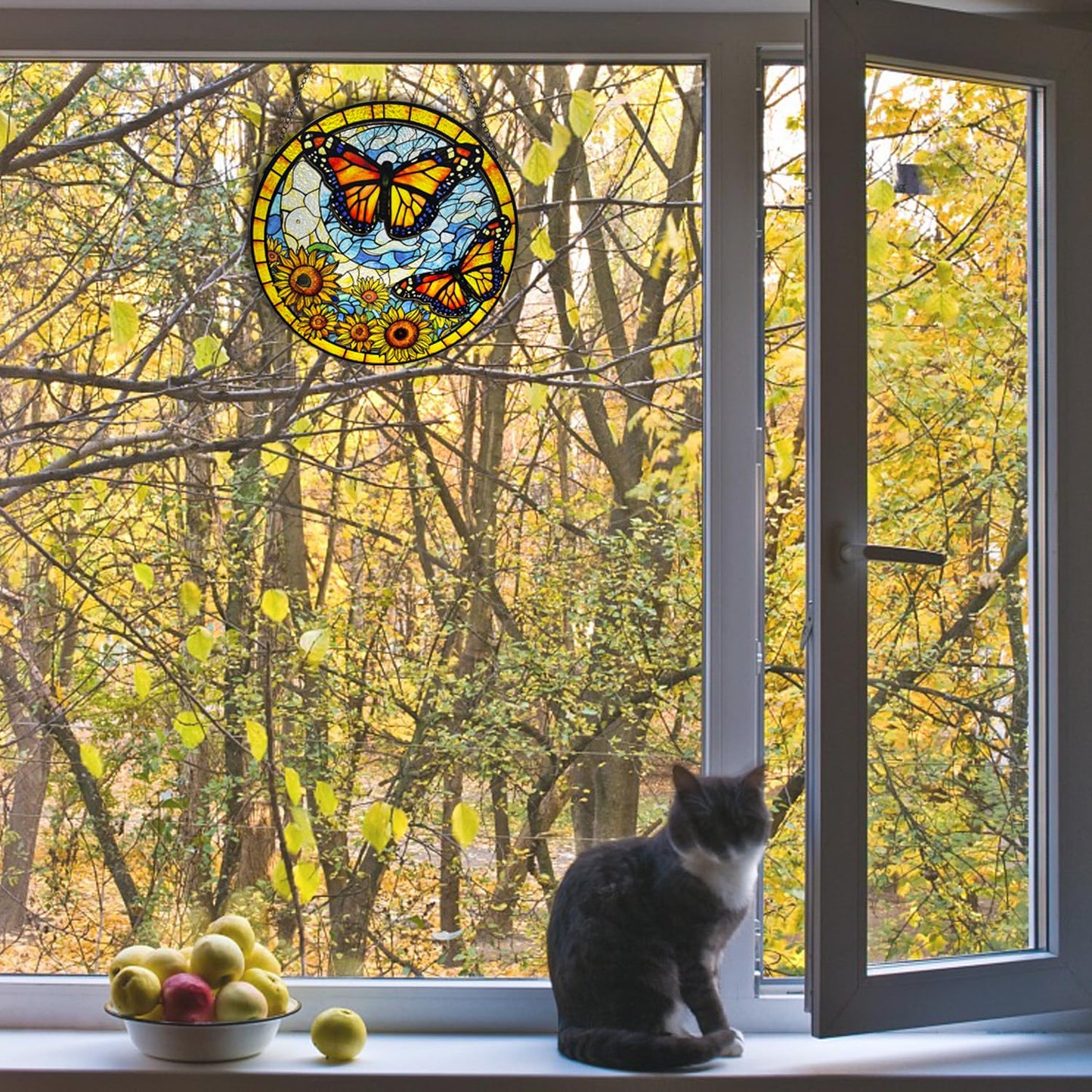 Sunflower Stained Glass Window Hanging, 9.84'' Sunflower Butterfly Stained Glass Panel, Butterfly Glass Suncatcher for Valentine's Day Mother's Day