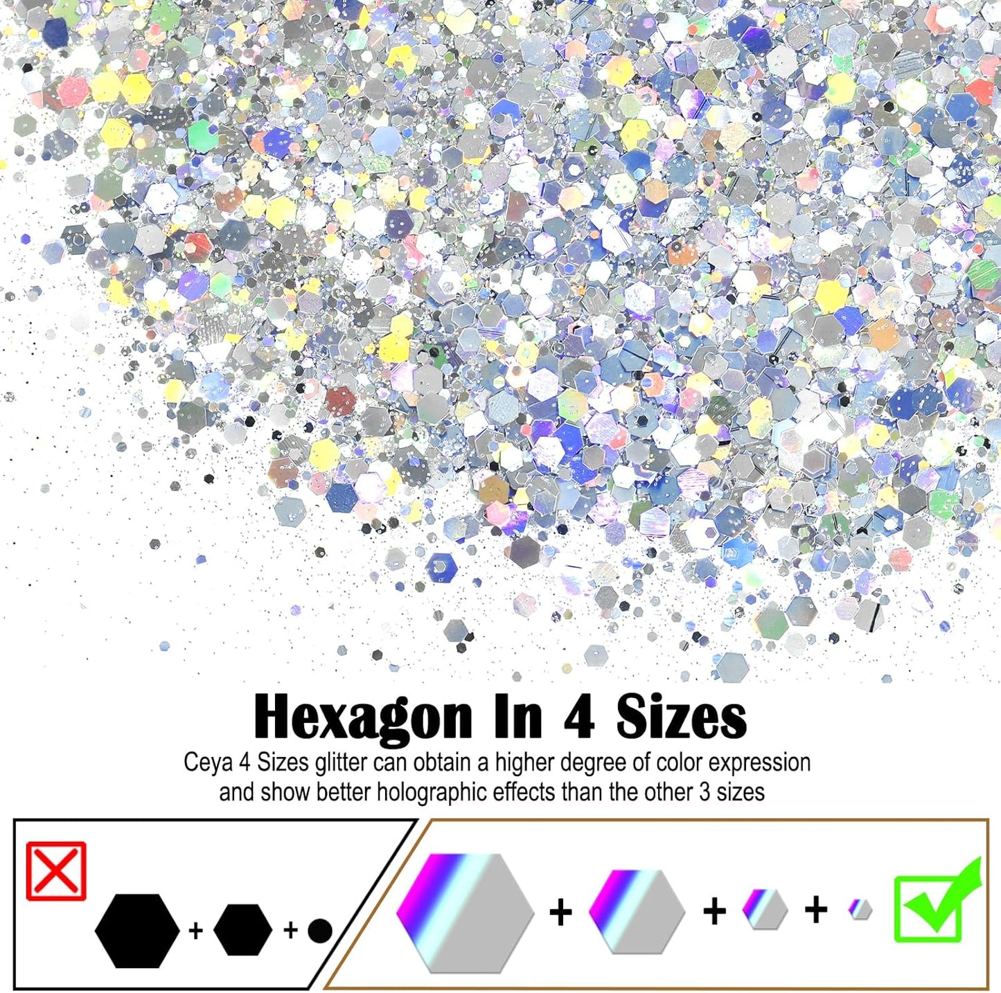 Ceya Holographic Chunky Glitter, 4.9oz/ 140g Diamond Silver Craft Glitter Powder Mixed Fine Flakes Iridescent Nail Sequins for Nail Art, Hair, Epoxy Resin, Tumblers, Slime, Painting, Festival Decor