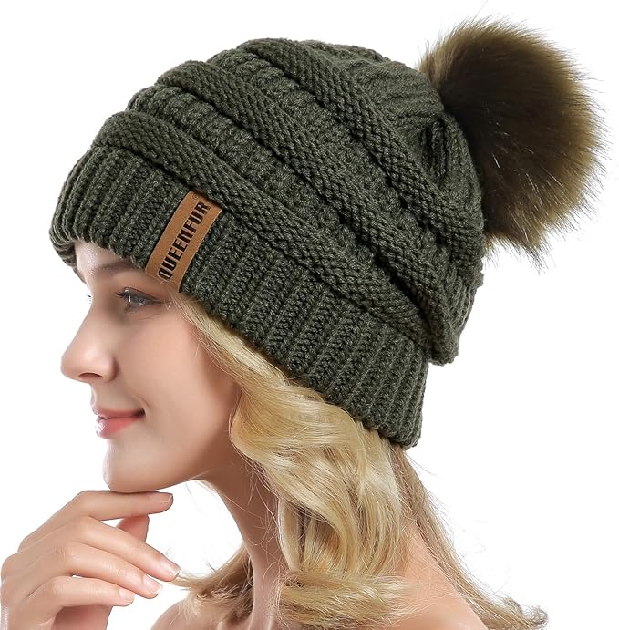 QUEENFUR Women Knit Slouchy Beanie Chunky Baggy Hat with Faux Fur Pompom Winter Soft Warm Ski Cap