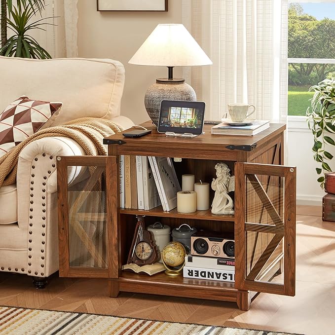 Joaxswe Farmhouse End Table with Charging Station, 24" Large Sofa Side Table with Glass Barn Door, Nightstand with Adjustable Storage Shelf,Wood Square Bedside Table for Living Room,Bedroom