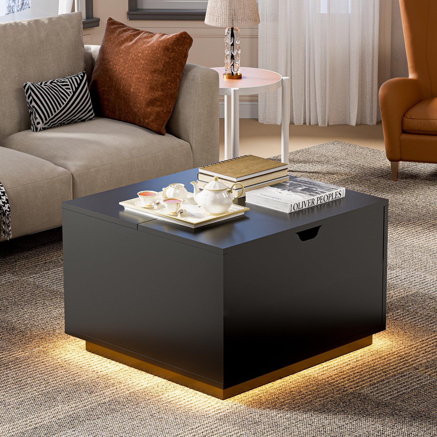 Etemnozon Lift Top LED Coffee Table with Storage,31.5" High Gloss Square Coffee Table with Large Hidden Storage, Living Room Table Wood Center Table for Living Room Home Office,Black
