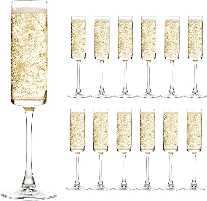UMEIED 6 Oz Edge Champagne Flutes Set of 12, Long Stemmed Crystal Clear Champagne Flute Glass Set, Sparkling Wine Glasses ...