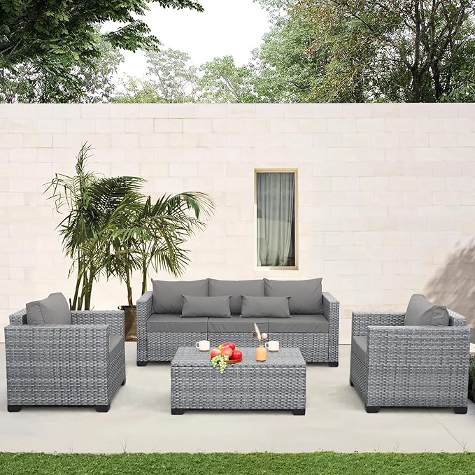 4 Piece Wicker Patio Furniture Sets Outdoor Conversation Set PE Rattan Sectional Sofa Couch with Storage Table and Grey Cushions