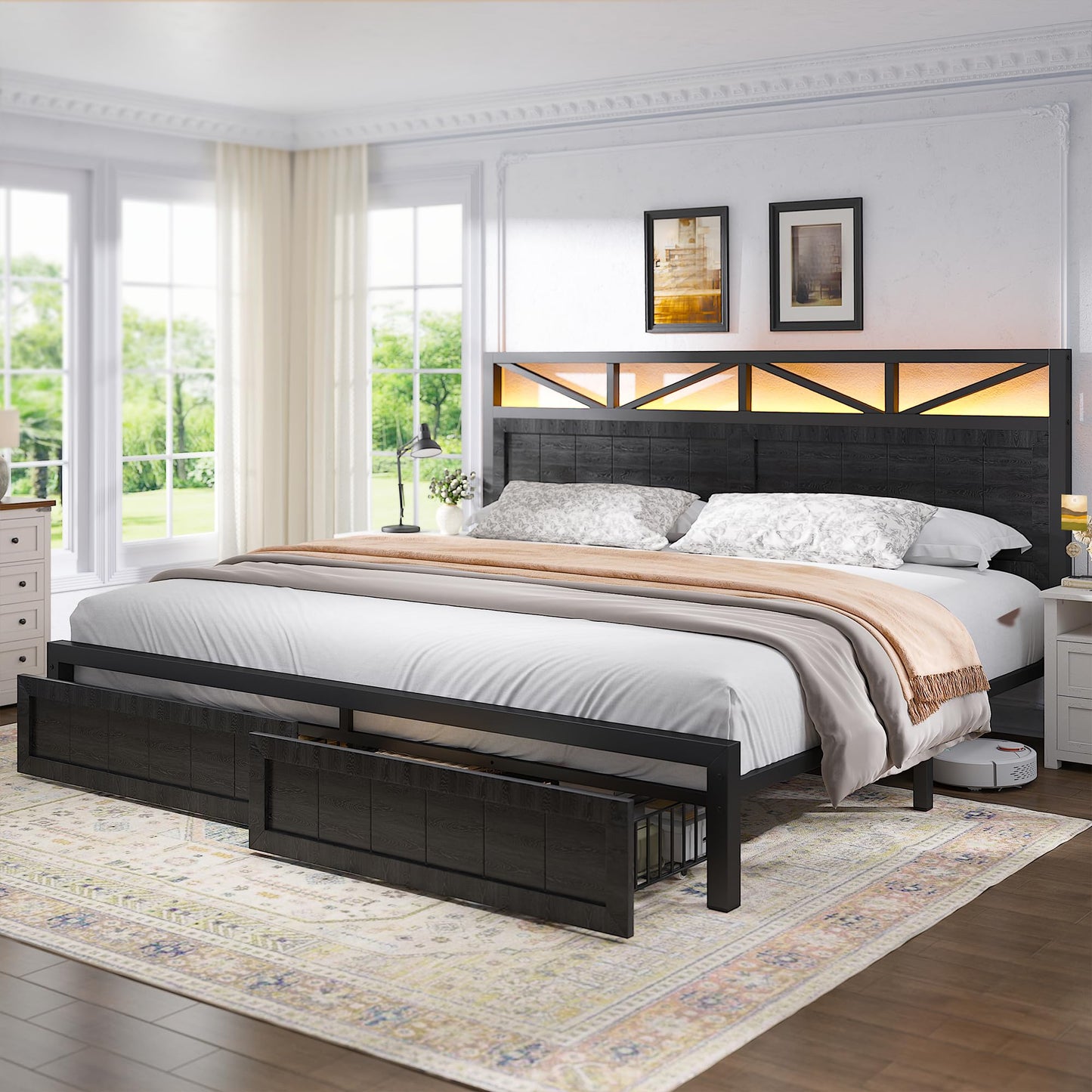 EnHomee Queen Size Bed Frame with 2 Storage Drawers and Headboard Built in Charging Station & LED Light,NO Noise,No Box Spring Needed,Black