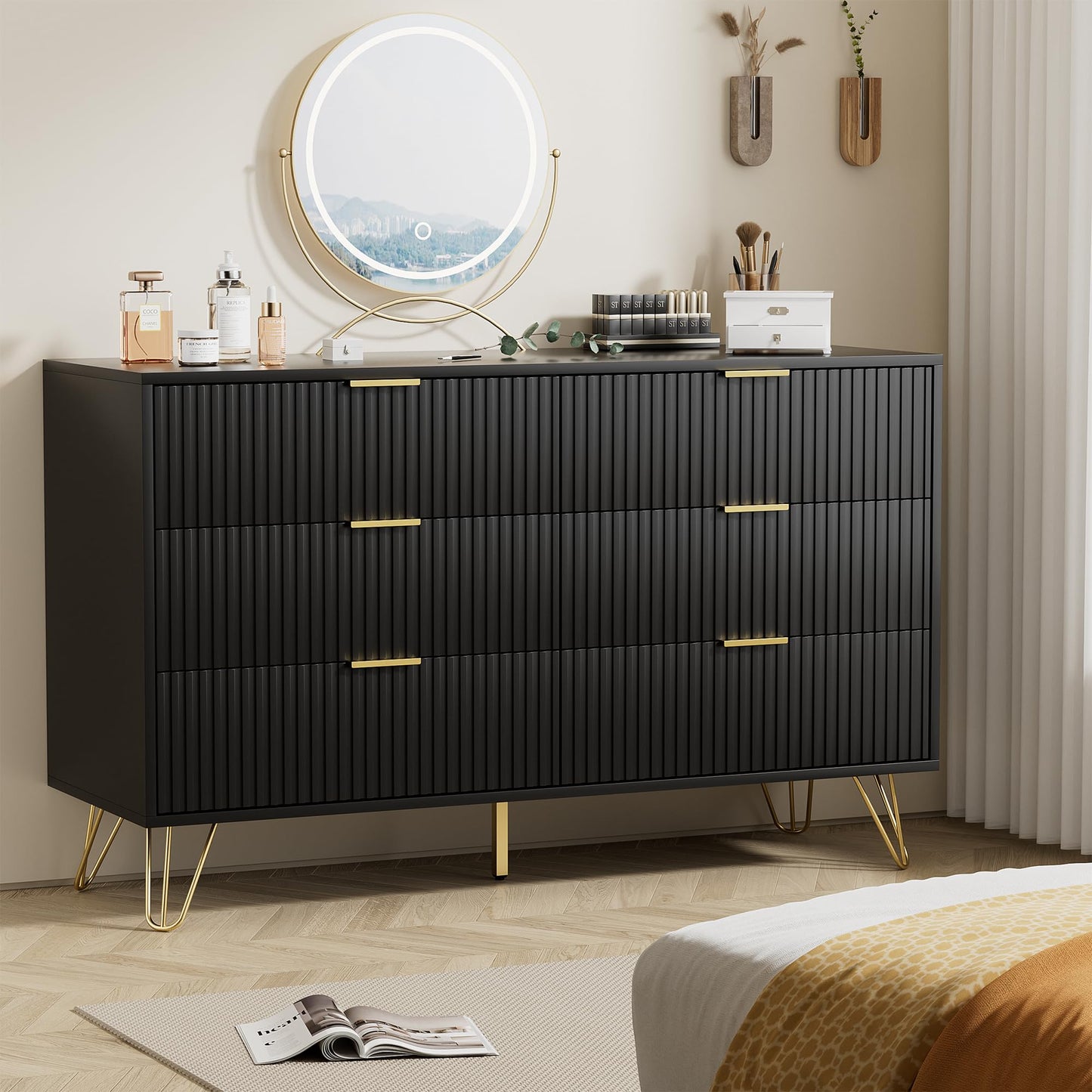 Furniway Black Dresser for Bedroom, Modern Dresser with Gold Metal Handles & Chests of Drawers for Bedroom, 15.7" D x 47.2" W x 29.5" H