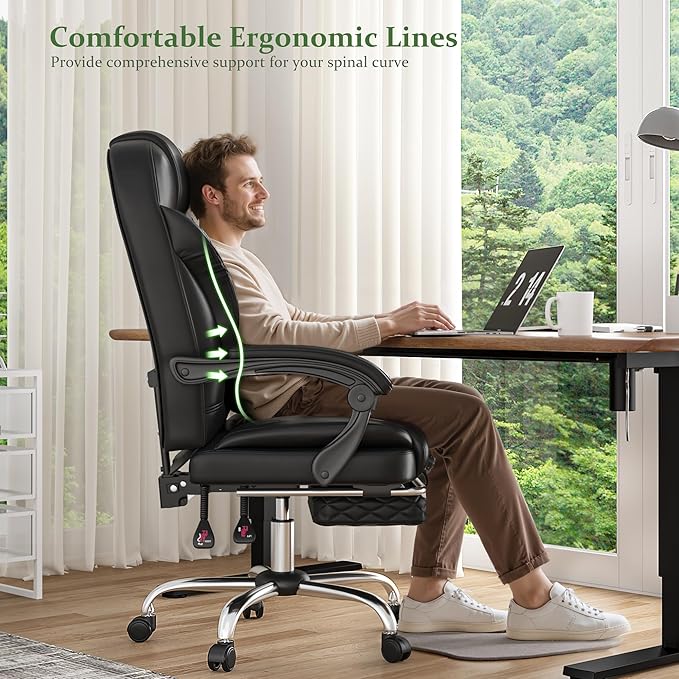 Big and Tall Office Chair 400lbs - Executive Ergonomic Desk Chair with Footrest, High Back Reclining Leather Chair with Lumbar Support for Home Office, Black