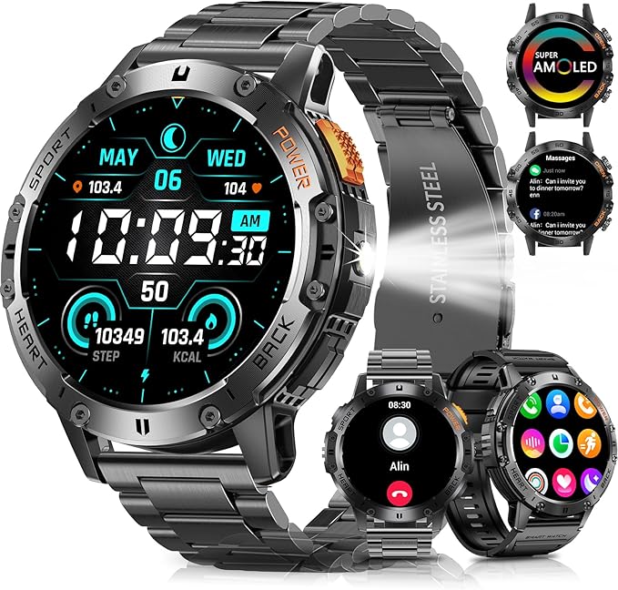 PODOEIL Military Smart Watches for Men with Bluetooth Call, 1.43" AMOLED Waterproof Smartwatch with Flashlight, 111 Sport ...