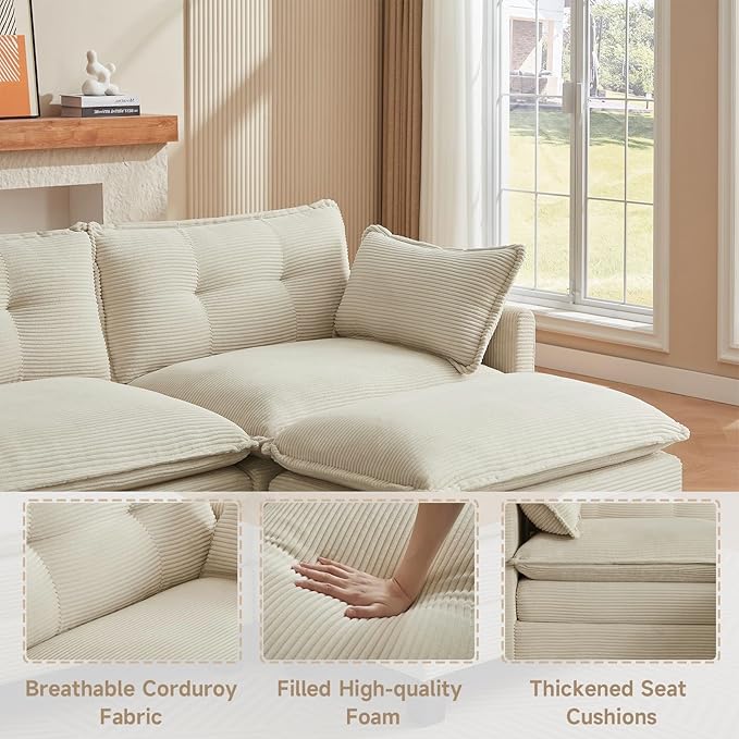 Amsleekey Modular Sectional Sofa, 76.5" L-Shaped Corduroy Comfy Sectional Couches for Living Room, 2-Seater Cloud Couches with 1 Movable Ottoman, Flexible Combination Modern Deep Seat Sofa (Beige)