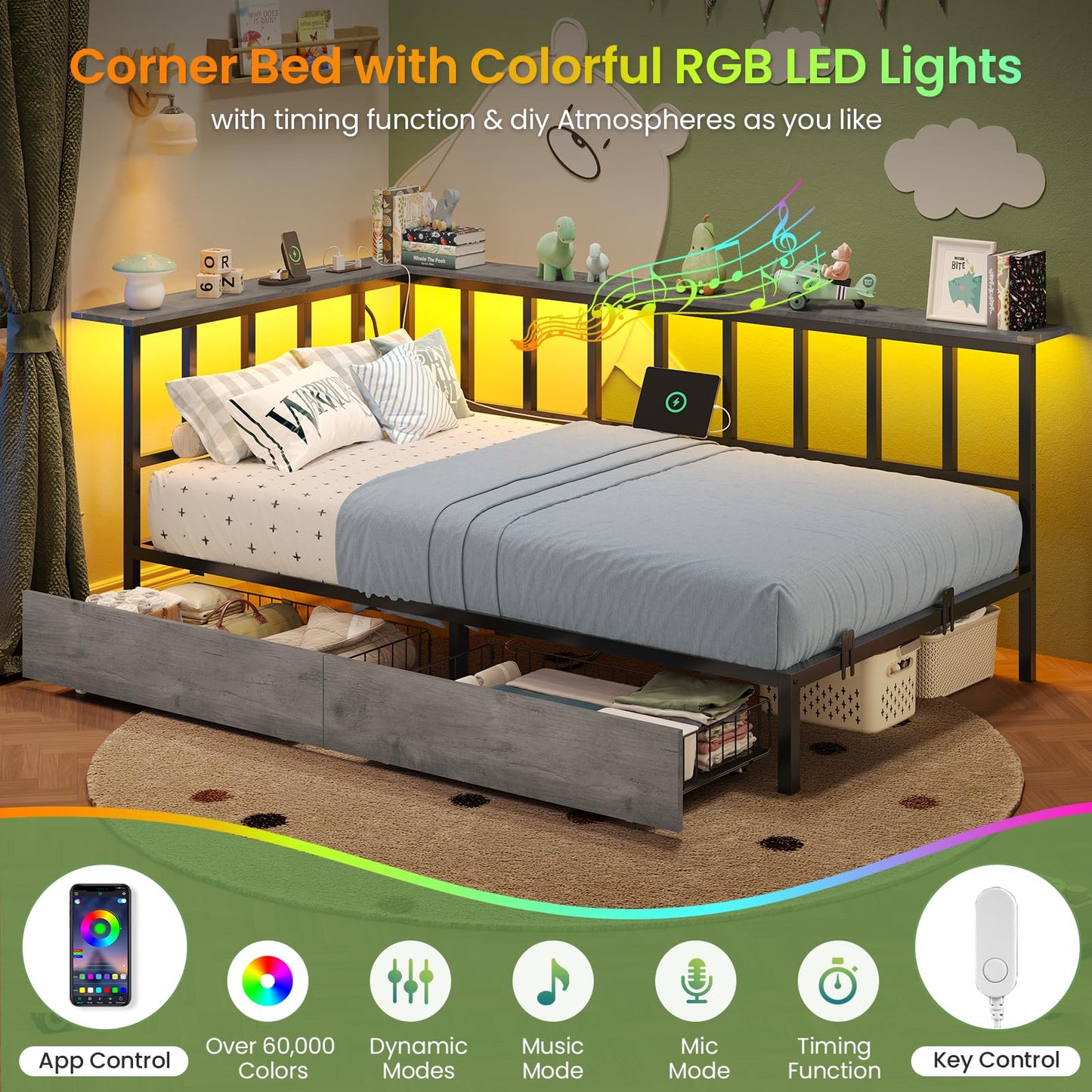 Hasuit Twin Corner Bed Frame with 2 Storage Drawers, Modern Twin Daybed with Charging Station and LED Lights for Kids Teenagers, Metal Platform Bed Frame for Bedroom, Living Room, Guest Room, Oak Gray