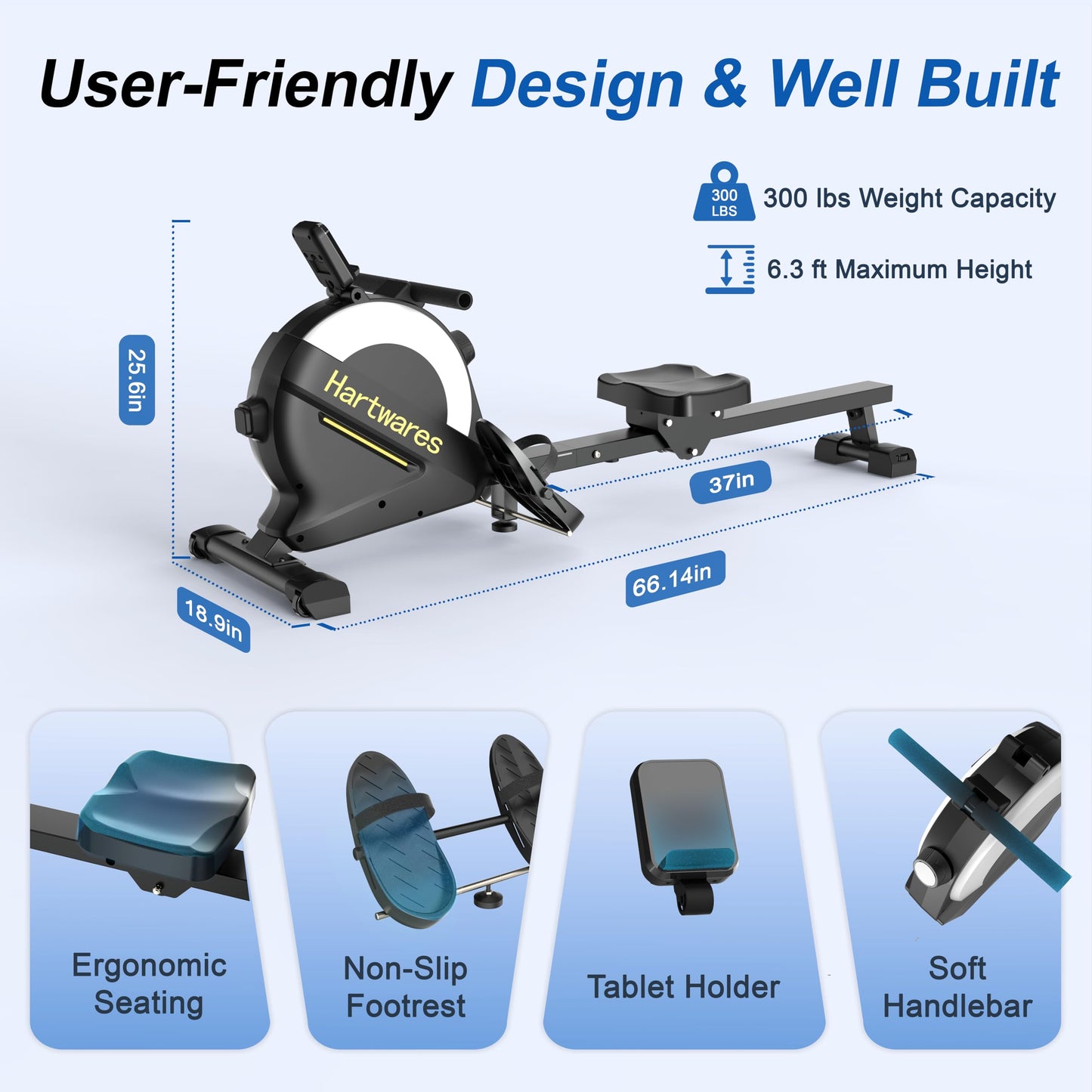 Rowing Machines for Home,Hartwares Magnetic Rowing Machine with 77lbs High Resistance Rowing Machine,16 Levels of Quiet Resistance,Rower Machine for Home Row Machine,App Compatible,LCD Monitor