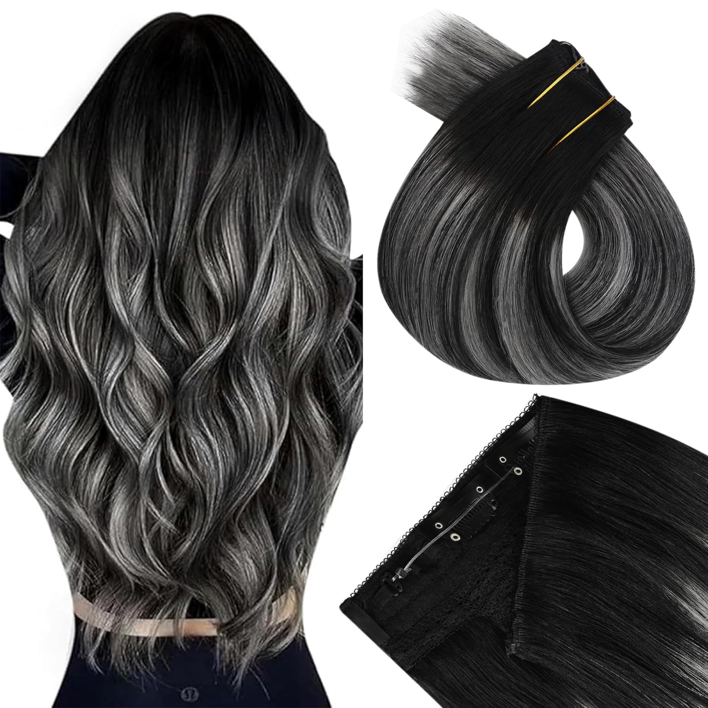 Easyouth Wire Extensions Real Human Hair Ombre Wire Hair Extensions Balayage Black with Silver Fish Line Hair Extensions Real Hu