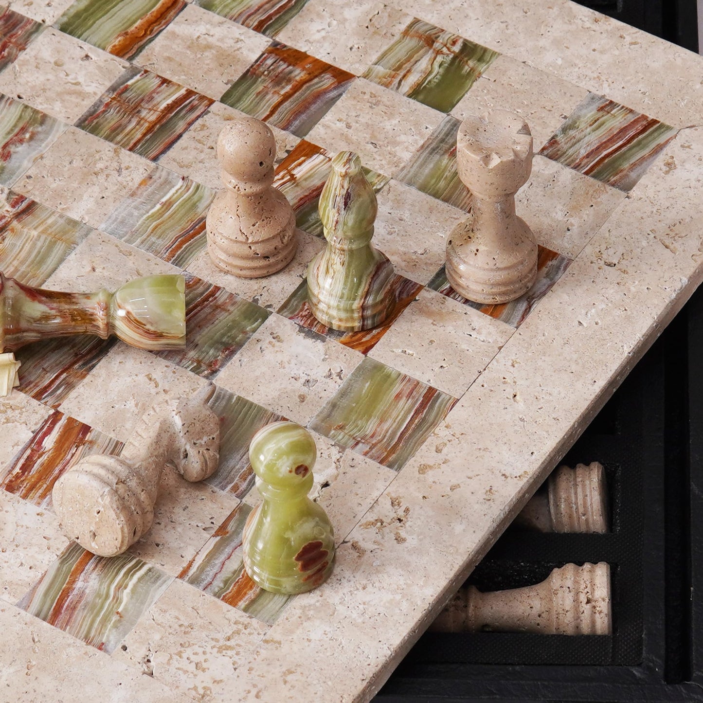 SPESHSTONES Marble Chess Set for Adults 15 Inch Handmade Travertine & Green Chess Board Games with Storage Box, Travel Chess Game with Chess Pieces & 2 Extra Queens, Gifts & Home Décor