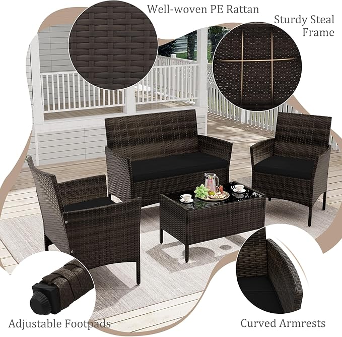 KOTEK 8 Piece Patio Furniture Set, Outdoor Rattan Conversation Set with Loveseat, Wicker Chairs, Tempered Glass Coffee Table, Wicker Patio Set for Backyard, Porch (Black)