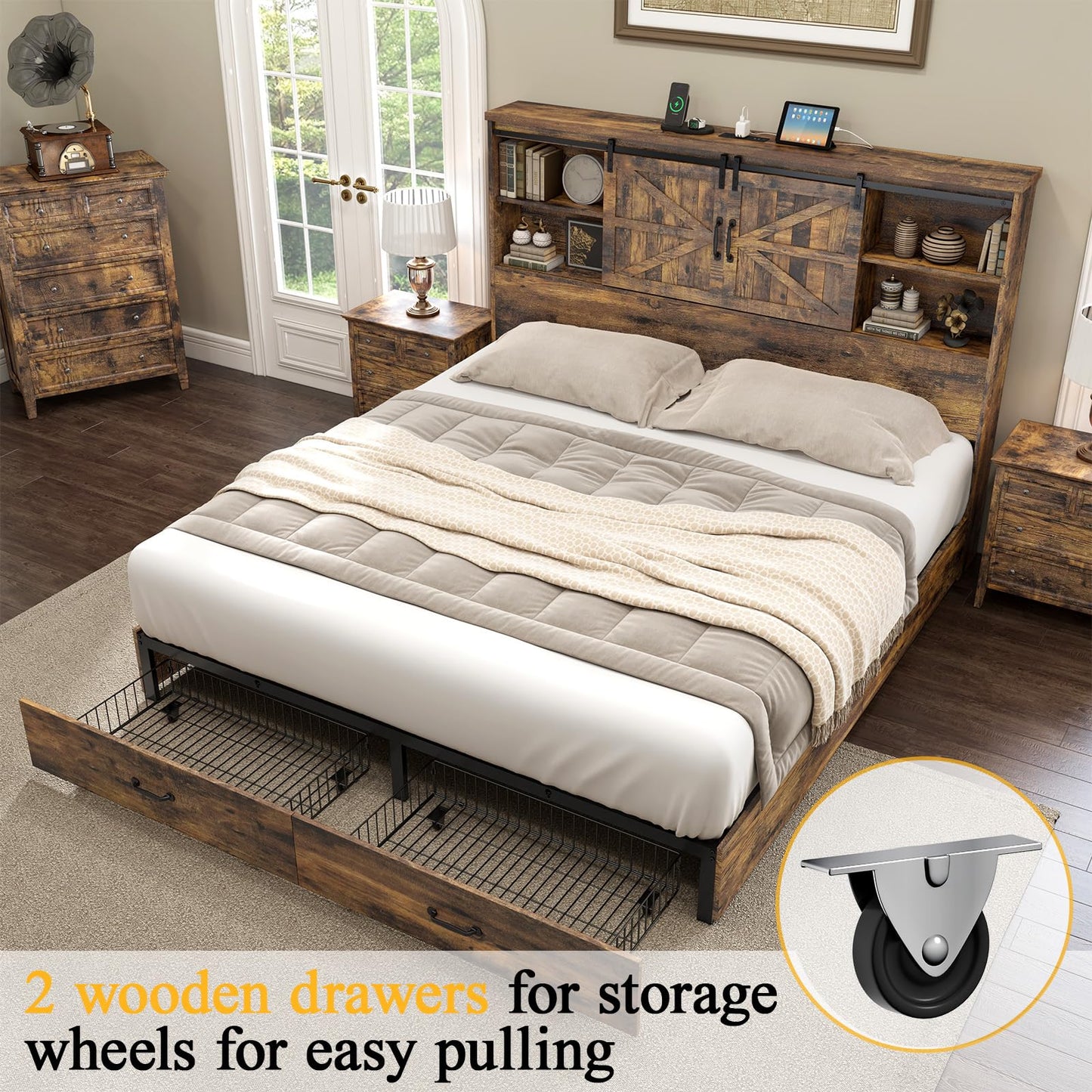HOWE Full Size Wood Platform Bed Frame with 51.2" Bookcase Headboard, Storage Bed with Sliding Barn Door Charging Station 2 Drawers, No Box Spring Needed/Noise Free/Farmhouse/Rustic Brown