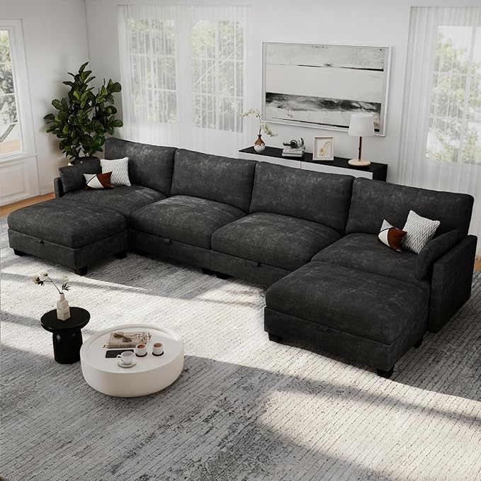OhaiAura Modular Sectional U Shaped Sofa Couches for Living Room, Cloud Couch with Storage Ottoman, Comfy Chenille Sofa with Pillow, Black