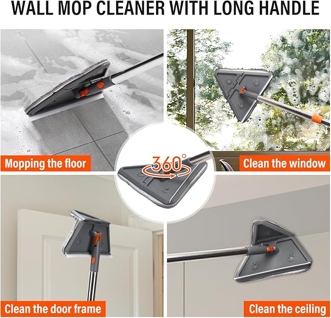 Baseboard Cleaner Tool with Handle,Wall Cleaner mop with Squeegee, Baseboard Cleaning Tool with 85" inch Extension Pole,8 Replacement Pads for Baseboards Cleaning, Ceiling, Wall, Floor, Shower