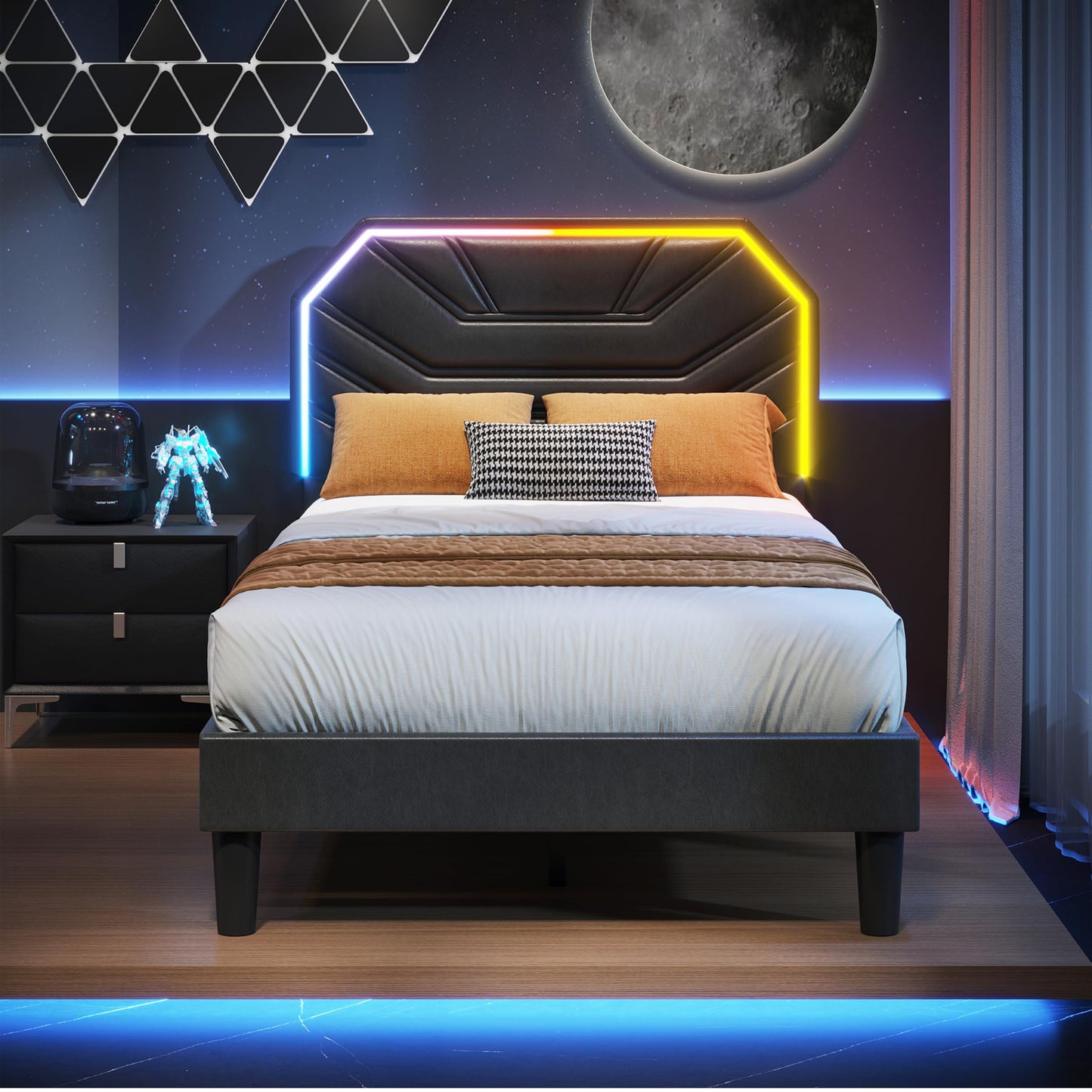 LIKIMIO Twin XL Bed Frames with Lighted Headboard, Upholstered Modern Cama Twin XL Platform Bed with Heavy Duty Supports, No Box Spring Need, Noise Free, Easy Assembly, Black