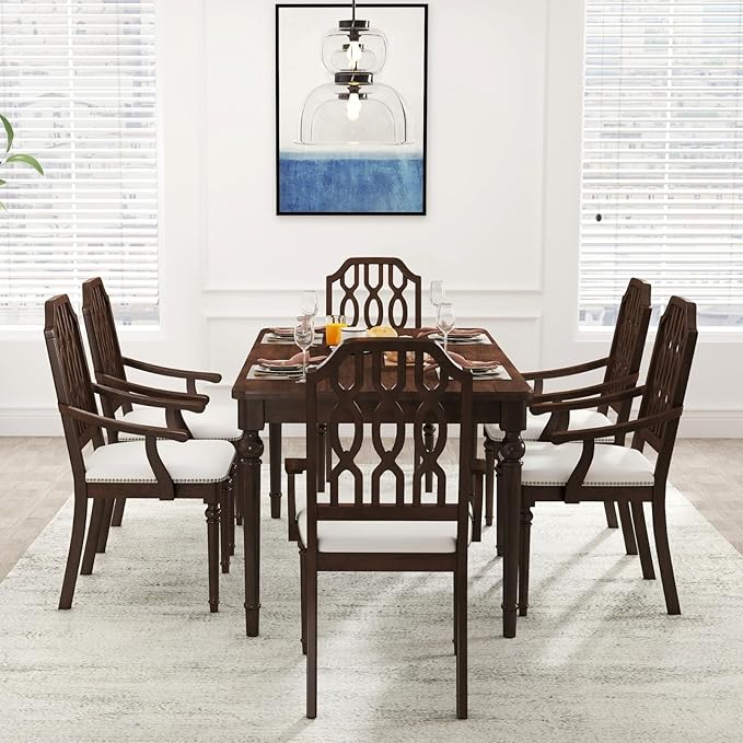 chairus Farmhouse Dining Chairs Set of 6, French Country Vintage Wooden Dining Room Chairs with Arm, Lattice Back & Turned Legs, Rustic Chenille Upholstered Nailhead Trim Kitchen Chairs, Walnut Brown