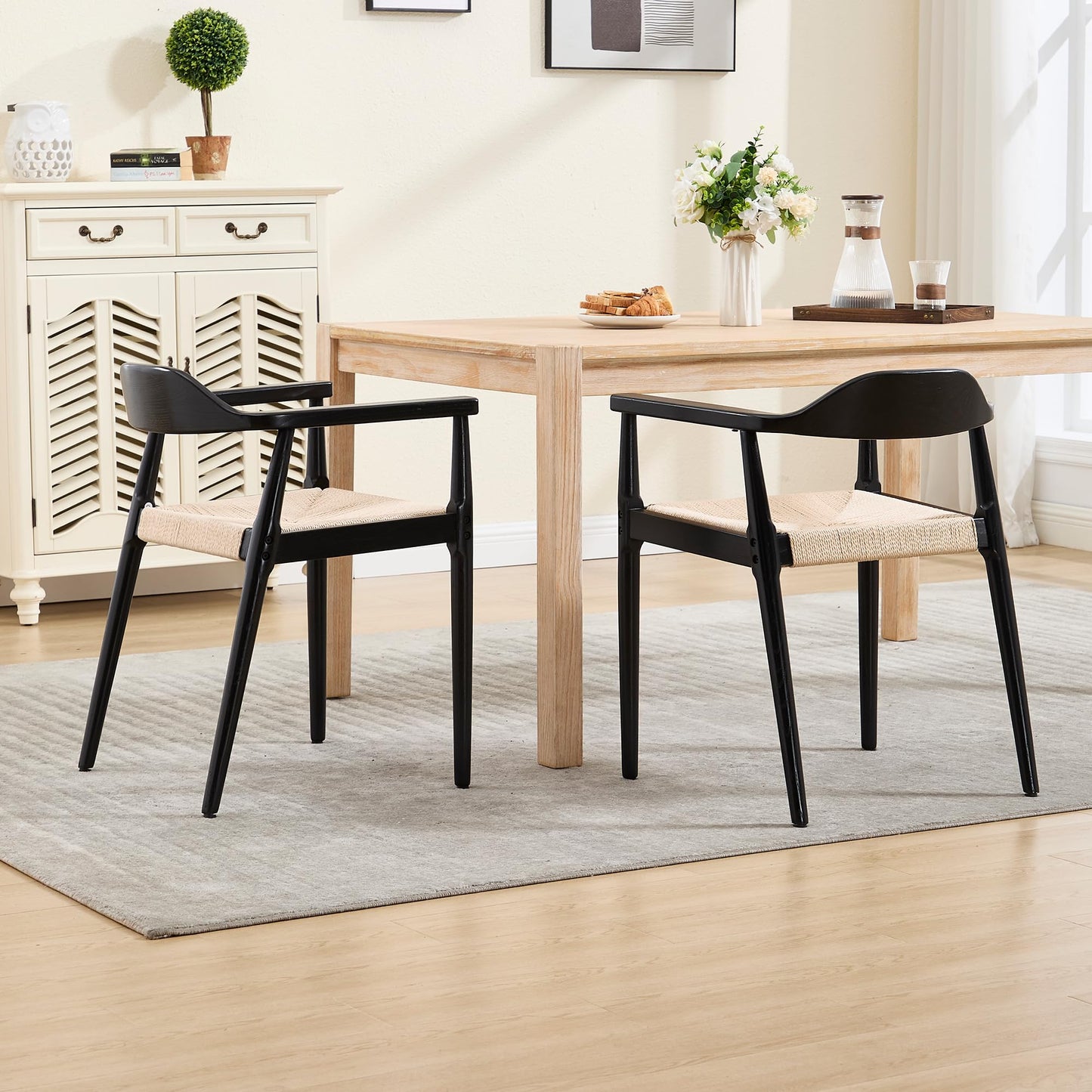 Mid Century Dining Chairs Set of 6, Black Wood Modern Kitchen Chairs with Arms, Woven Rope Dining Table Chairs with Hemp Seat