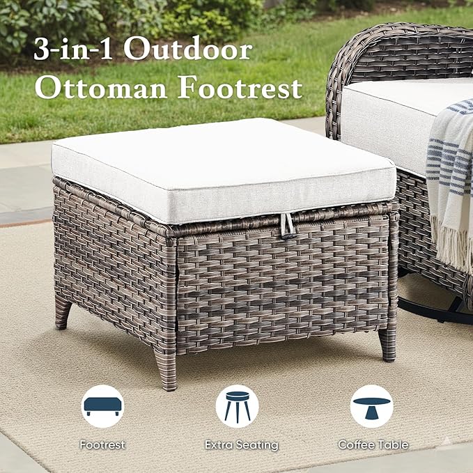 Belord Luxury 6" Thick Cushioned 5 Pieces Patio Furniture Set with 2 Ottomans, Wicker Outdoor Conversation Set with High Back Swivel Rocker Patio Chairs for Deck Porch Yard and Poolside - Grey+Beige