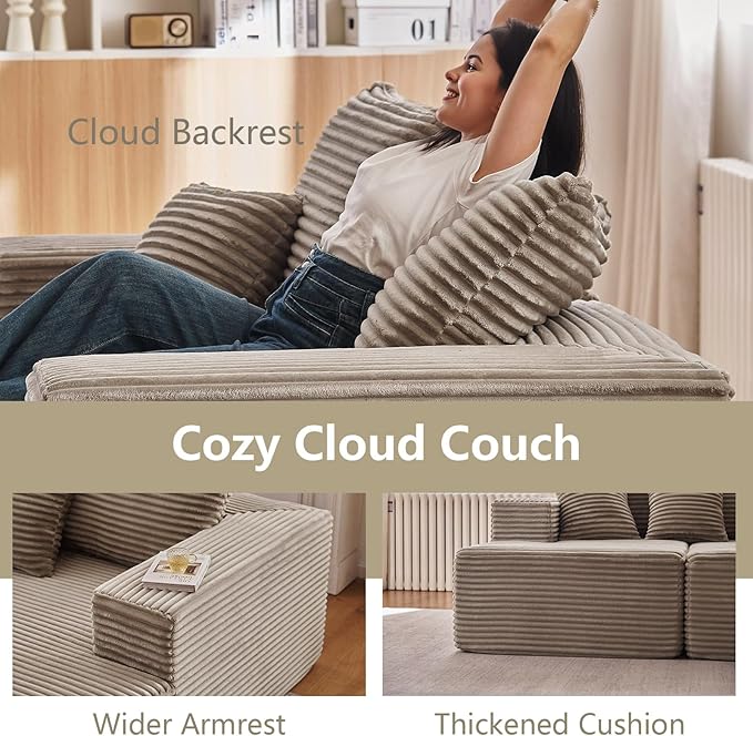 167.7" Sectional Cloud Couch for Living Room, Modular Floor Deep-Seat Sofa, Big Comfy Corduroy Couches Set with Fluffy Memory Foam, Stupendous U Shaped Sofas, No Assembly Required, Camel