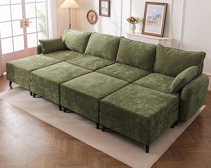 Rexulqo 135'' Modular Sectional Sofa with All Seats Storage, Oversized Sleeper Sofa Bed,4-Seater Comfy Cloud Couches with Movable Ottoman,Big Sectionals for Living Room,Bedroom,Velet,Green