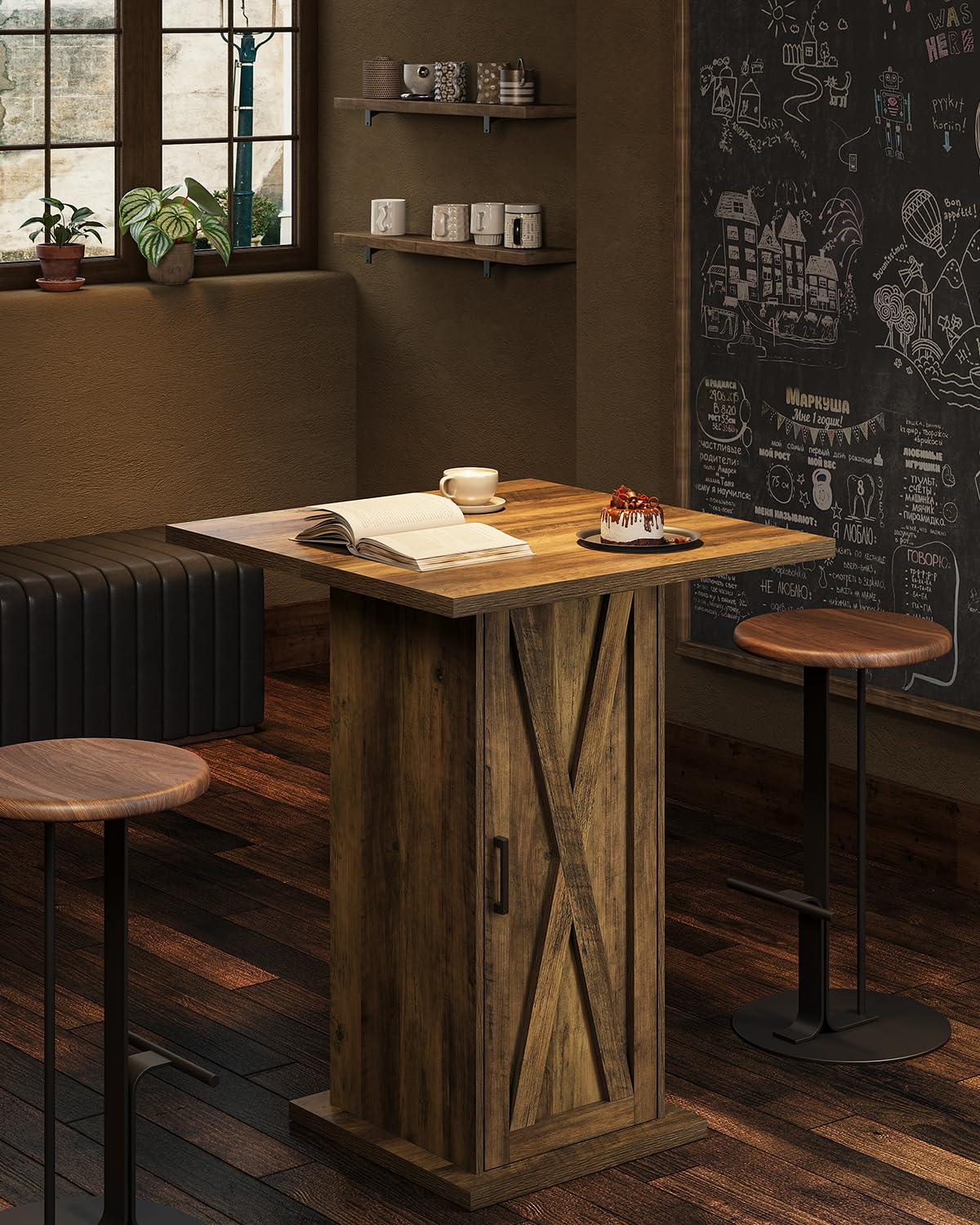 LITTLE TREE Bar Table with Storage Cabinet, 39.4" H Square High Top Pub Table, Wood Bistro Cocktail Table, Farmhouse Design with 3-Tier Cabinet for Pub, Bistro, Bar, Coffee, Dining Rustic Brown