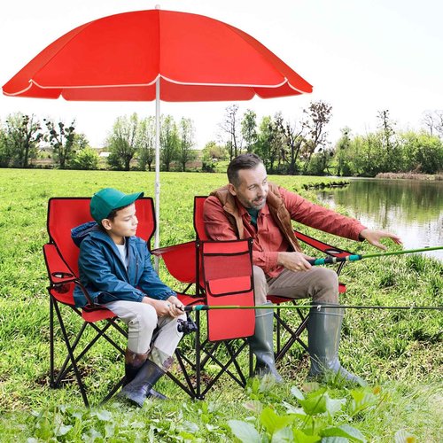 ReunionG Double Folding Camping Chairs, Portable Beach Chairs with Removable Umbrella & Mini Table Carrying Bag, Outdoor Lawn Chairs for Picnic, Patio, Pool, Park (Red)