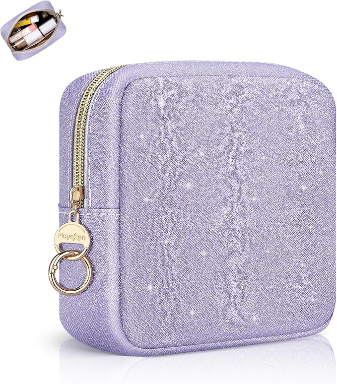 Playexen 5.7" Small Makeup Bag, Glitter Cosmetics Bag for Purse, Portable Small Travel Makeup Pouch with Ring Buckle (Purple)
