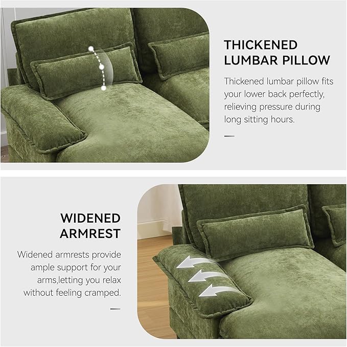 125" U Shaped Cloud Modular Sectional Couch for Living Room, Small Comfy Chenille Sofa with Double Chaise Lounge, Storage Central Console, Cup Holders, USB Port,Green