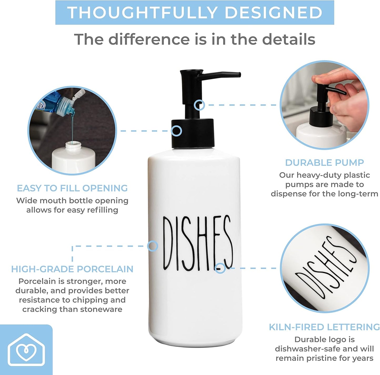 Heartland Home Porcelain 16oz Kitchen Soap Dispenser. Detergent Dispenser or Dish Soap Dispenser for Kitchen Sink. White Soap Dispenser, Modern Farmhouse Decor Dish Soap Pump for Kitchen Organization