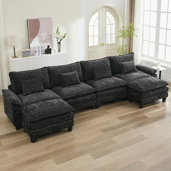 URRED Cloud Couch Modular Sectional Sofa, 157" Modern U Shaped Deep Seat Sofa with 2 Ottomans & Pillows, Ultra Comfy Chenille Couches for Living Room, Bedroom or Apartment, Black